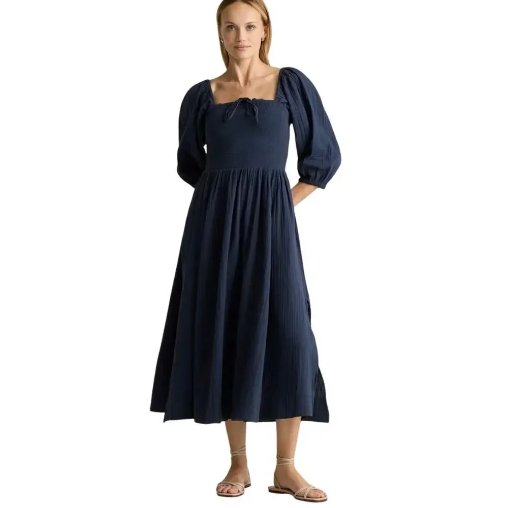 New Quince Small Indigo Blue Organic Cotton Gauze Smocked Square Neck Midi Dress